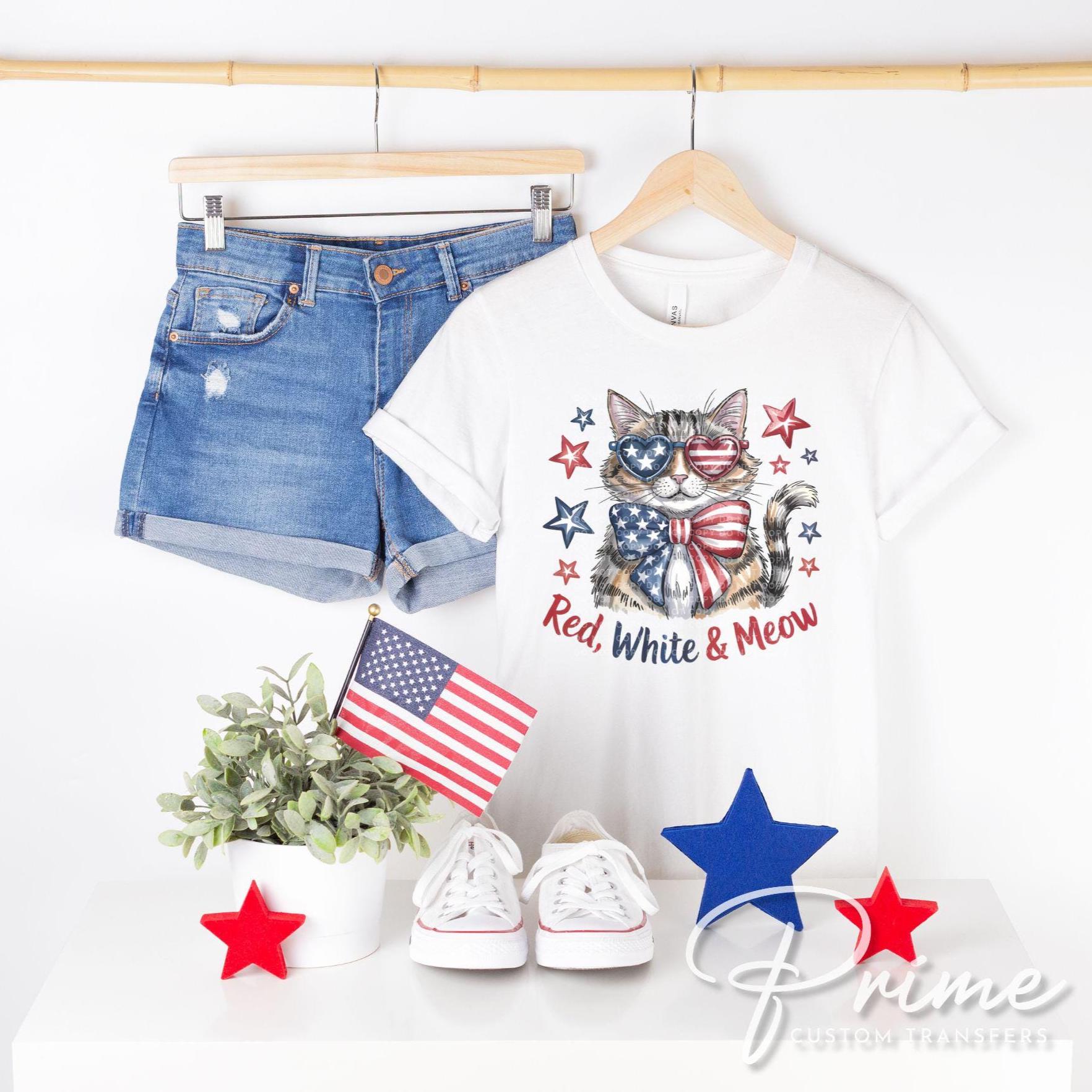 4th of July DTF Transfer, Ready to Press, T-shirt Transfer, Sublimation, Direct to Film, Pet Lover, Patriotic Cat, Coquette America Flag Cat
