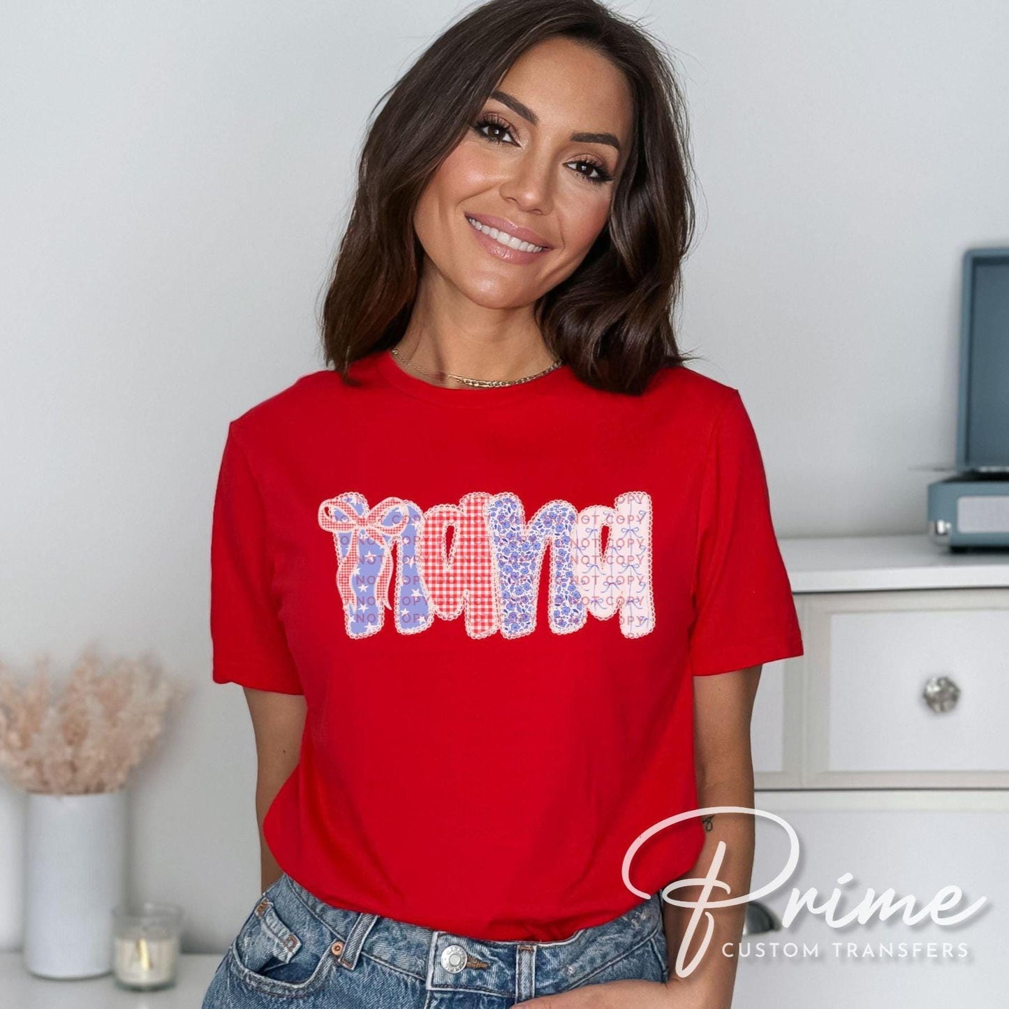 4th of July DTF Transfer, Ready to Press, T-shirt Transfers, Sublimation, Direct to Film, USA, Ribbon, Bows, USA, Coquette Faux Lace Nana