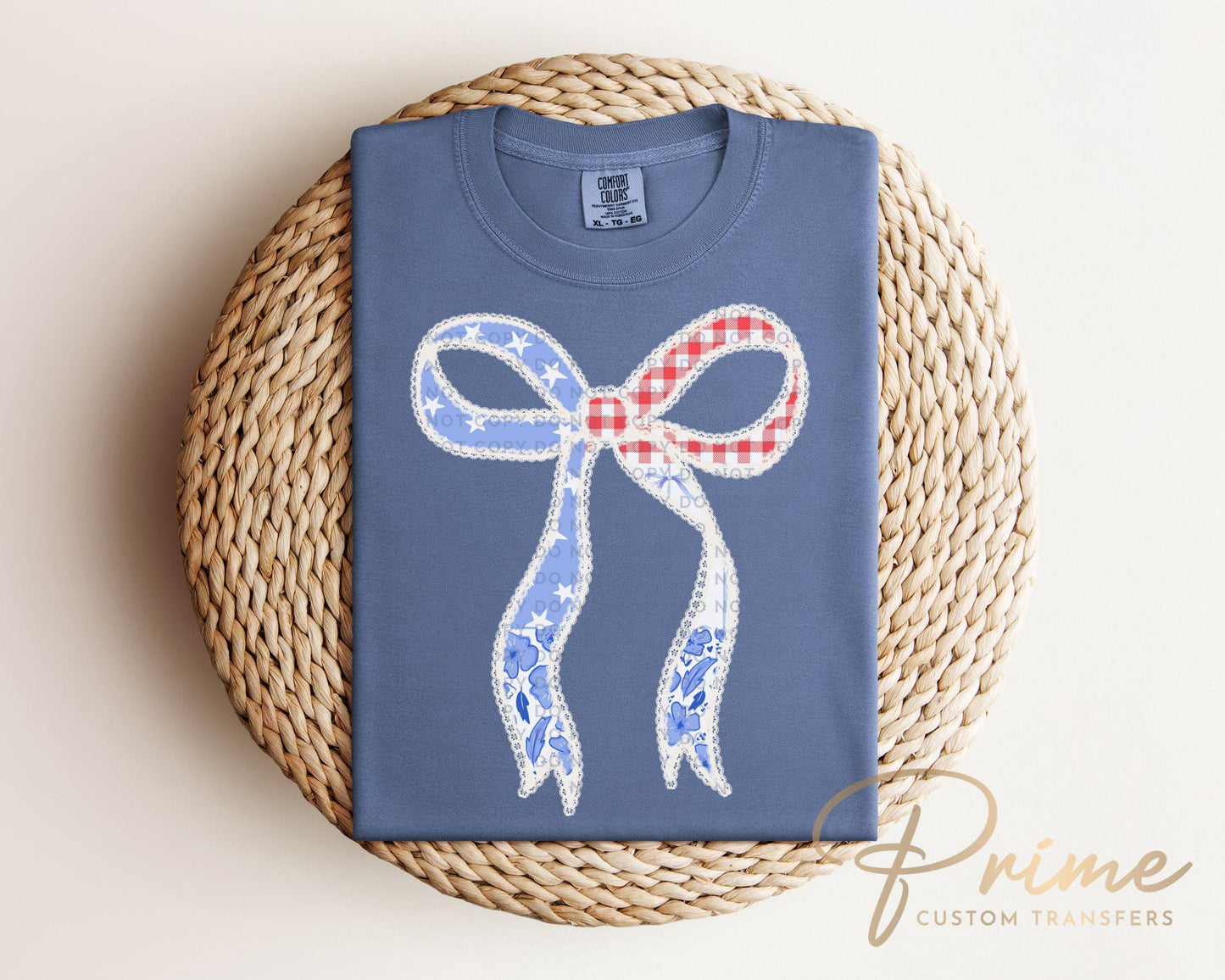 4th of July DTF Transfers, Ready to Press, T-shirt Transfers, Heat Transfer, Direct to Film, USA, Ribbon, Faux Lace Coquette Bow