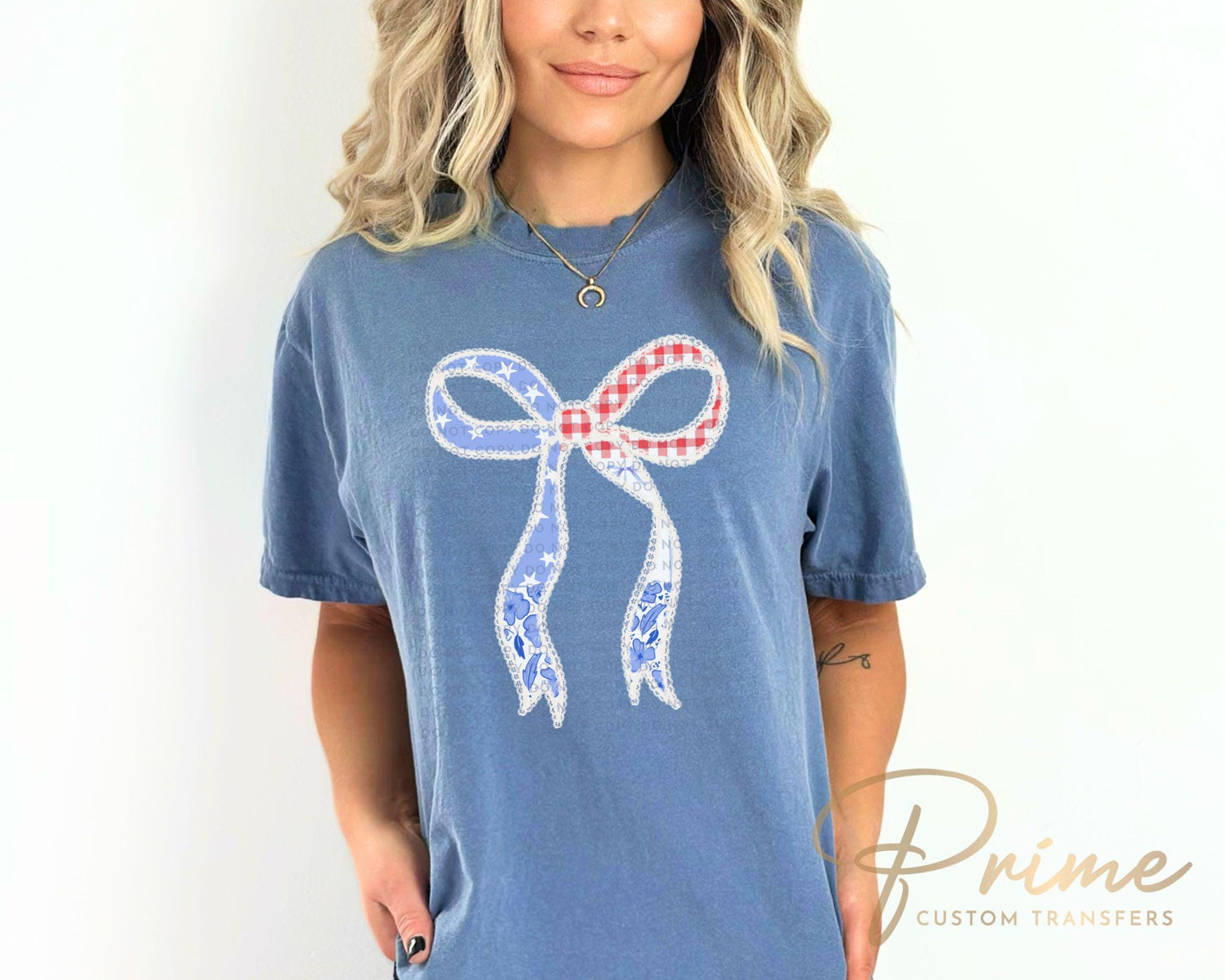 4th of July DTF Transfers, Ready to Press, T-shirt Transfers, Heat Transfer, Direct to Film, USA, Ribbon, Faux Lace Coquette Bow