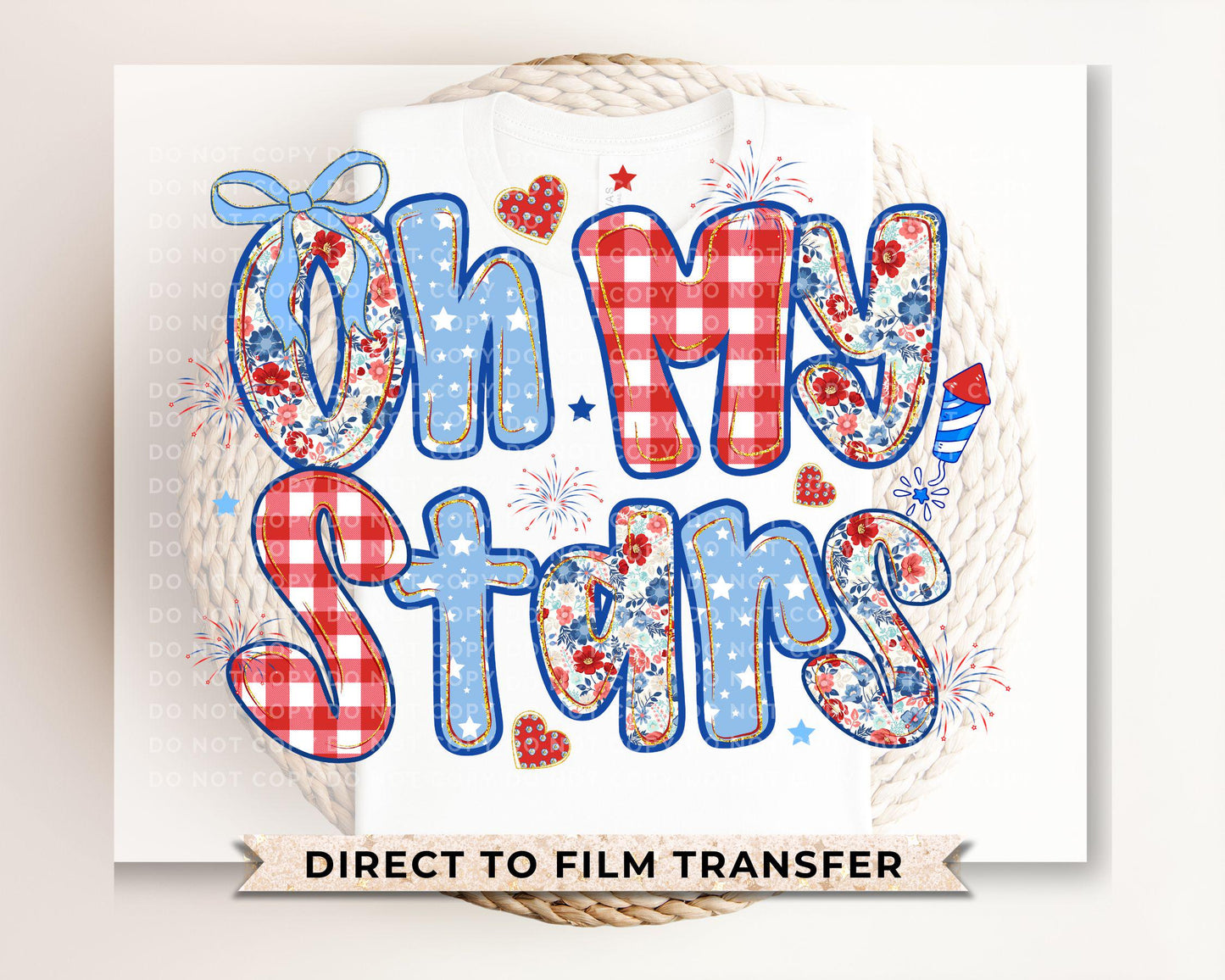 Coquette 4th of July DTF Transfers, Ready to Press, T-shirt Transfers, Direct to Film, Ribbon, Bows, Trendy, USA, Flowers, Oh My Stars