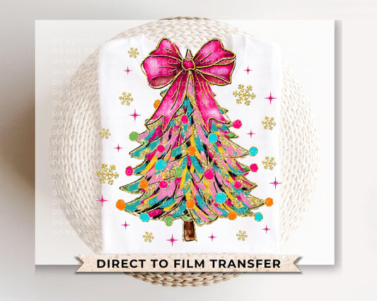 Christmas DTF Transfers, Ready to Press, T-shirt Transfers, Heat Transfer, Direct to Film, Brushstroke, Faux Glitter Coquette Christmas Tree