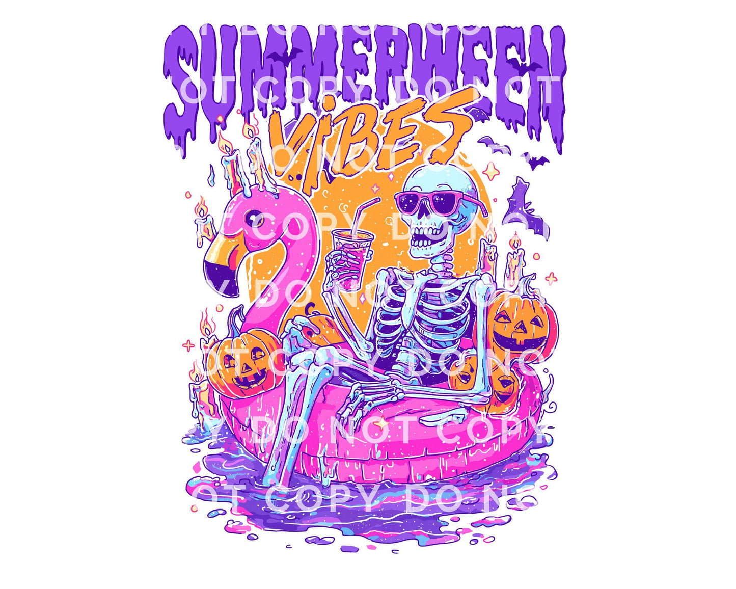 Summerween Vibes DTF Transfers, Ready to Press, T-shirt Transfers, Heat Transfer, Direct to Film, Summer Halloween, Flamingo Pool Pumpkins