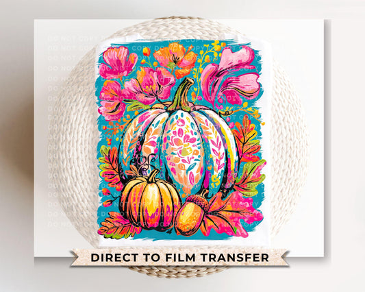 Fall DTF Transfer, Ready to Press, T-shirt Transfers, Heat Transfer, Direct to Film, Trendy, Boho, Pink, Autumn Coquette Neon Floral Pumpkin