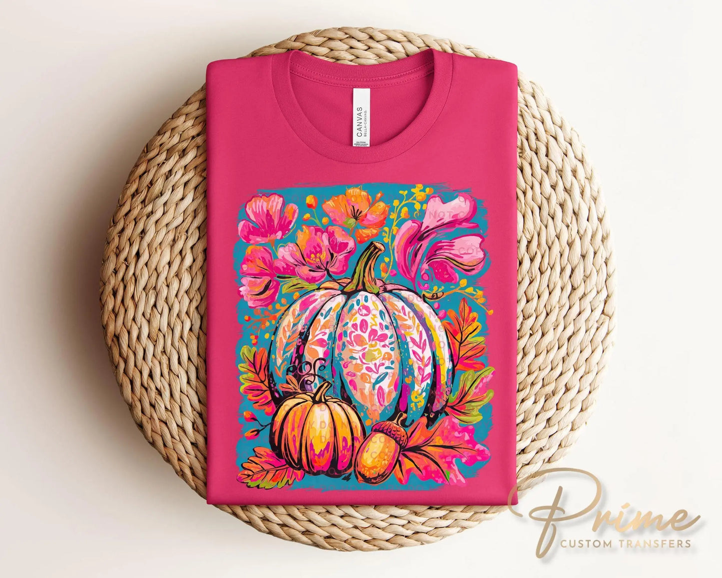 Fall DTF Transfer, Ready to Press, T-shirt Transfers, Heat Transfer, Direct to Film, Trendy, Boho, Pink, Autumn Coquette Neon Floral Pumpkin