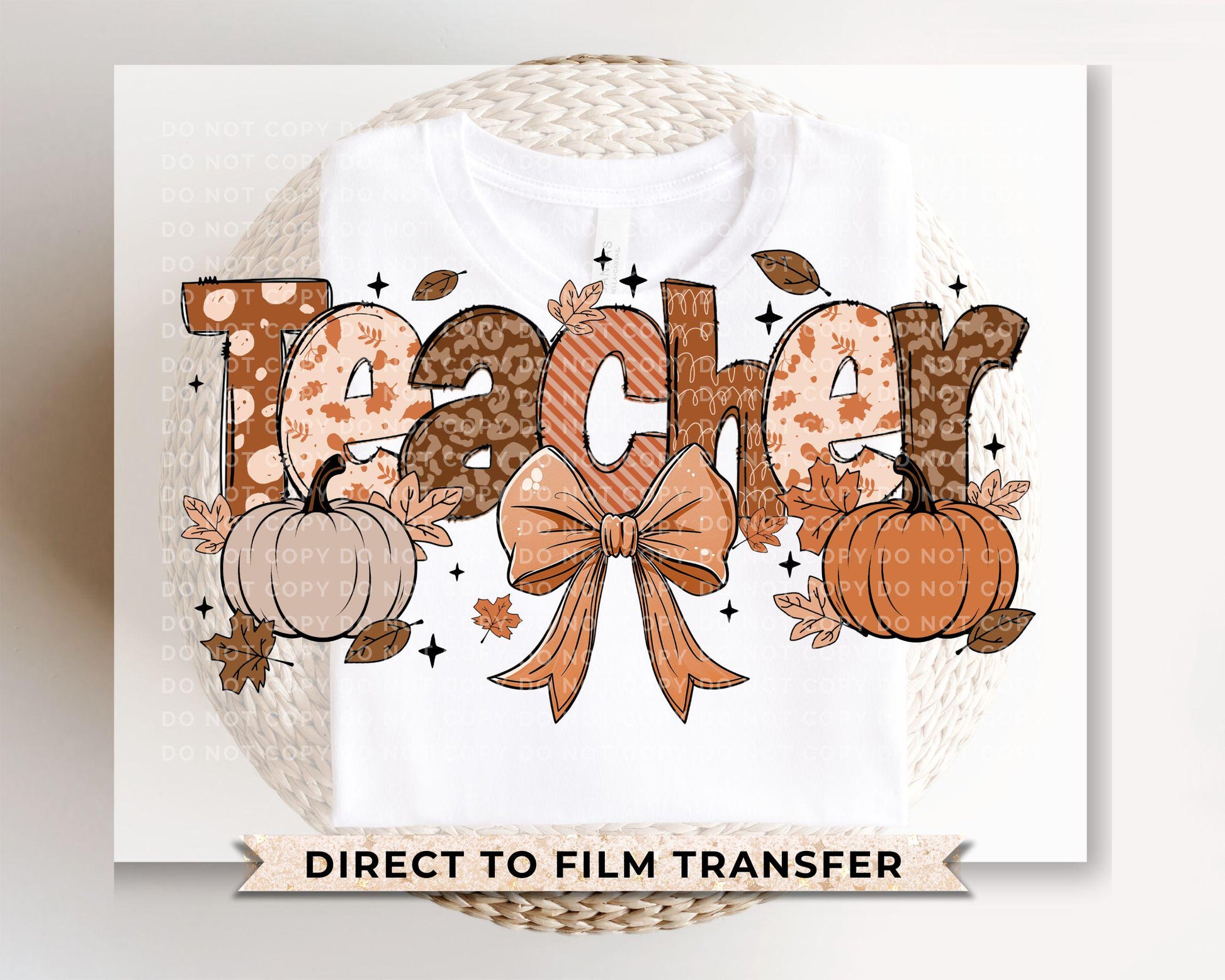Coquette Fall Teacher DTF transfer, Back to School, Heat Transfer, Ready to Press, Direct to Film, Autumn, Bow, Doodle, Pumpkins, Gift