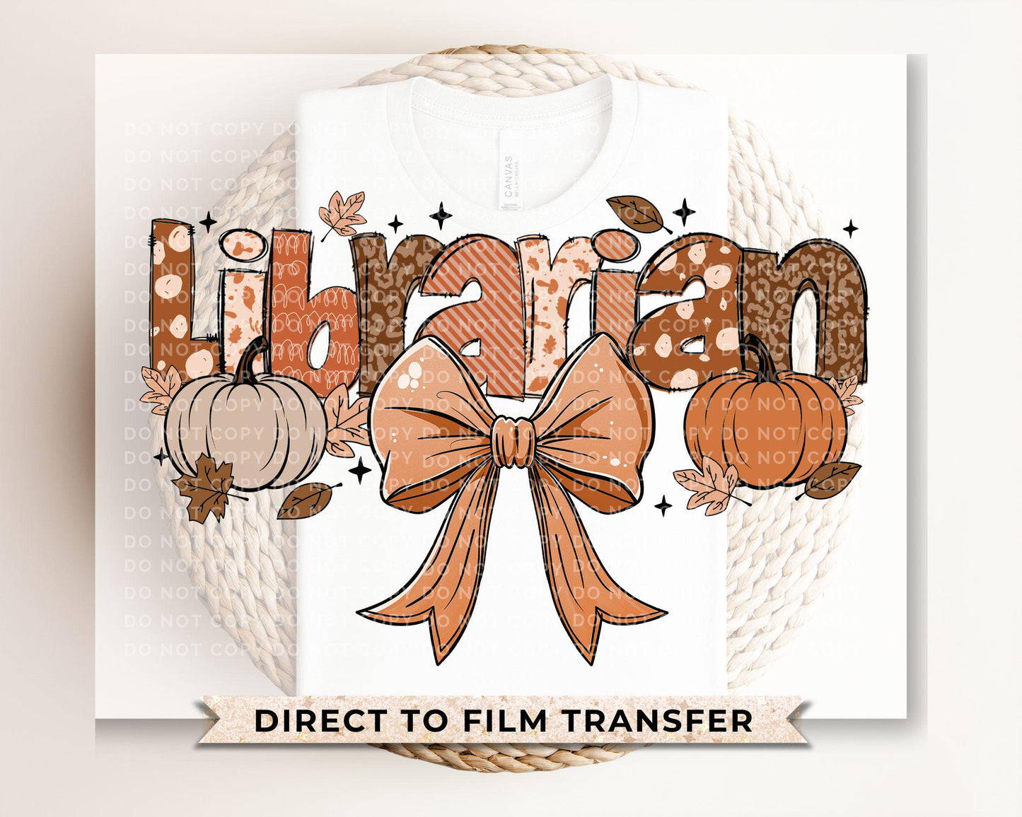 Coquette Fall Librarian DTF transfer, Back to School, Heat Transfer, Ready to Press, Direct to Film, Autumn, Bow, Doodle, Pumpkins, Gift
