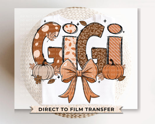 Coquette Fall Doodle Gigi DTF Transfer, Ready to Press, T-shirt Transfers, Direct to Film, Lace, Ribbon, Autumn, Pumpkin, Gift for Grandma