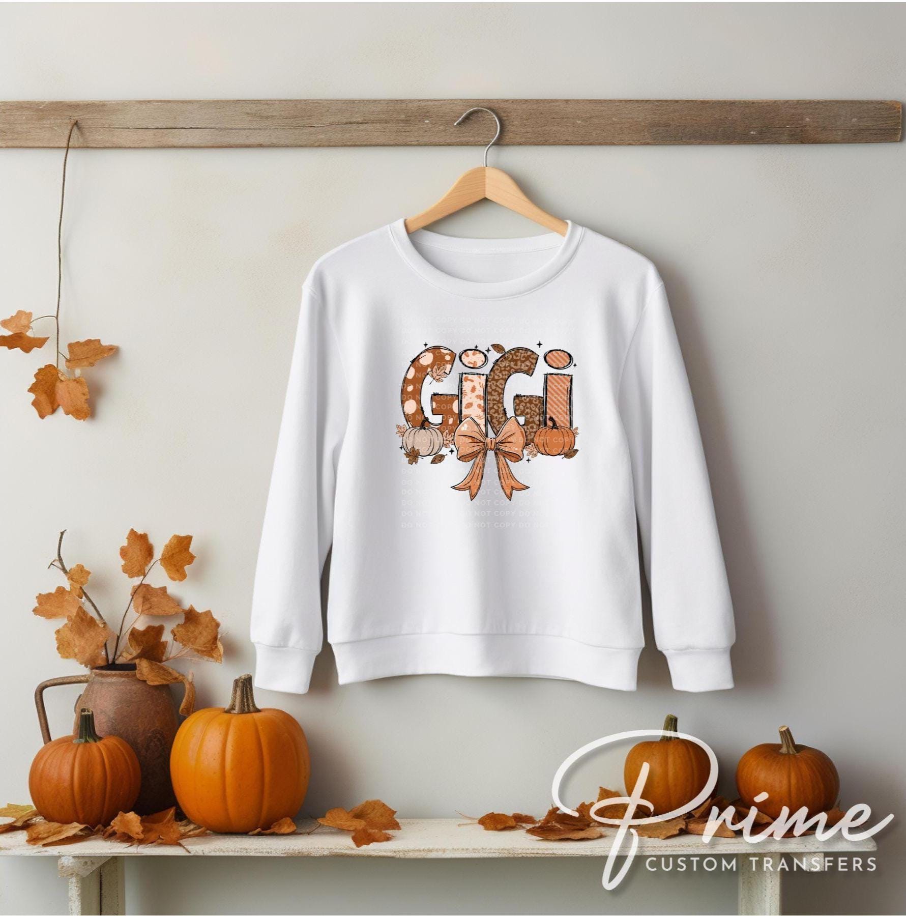 Coquette Fall Doodle Gigi DTF Transfer, Ready to Press, T-shirt Transfers, Direct to Film, Lace, Ribbon, Autumn, Pumpkin, Gift for Grandma