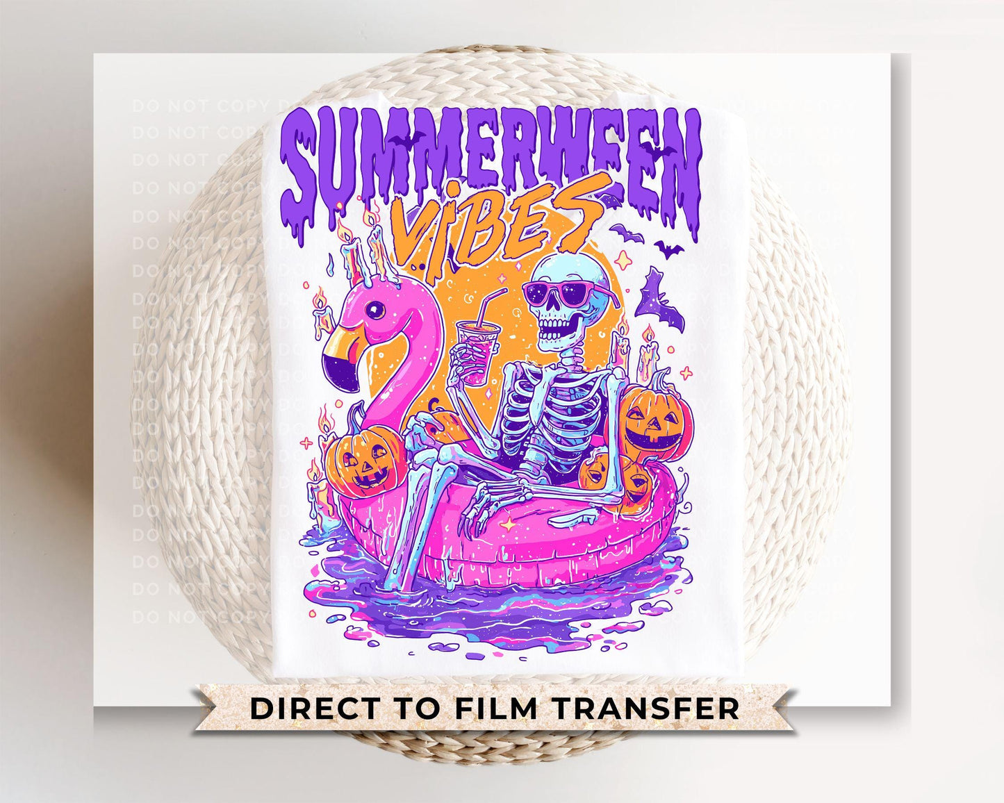 Summerween Vibes DTF Transfers, Ready to Press, T-shirt Transfers, Heat Transfer, Direct to Film, Summer Halloween, Flamingo Pool Pumpkins