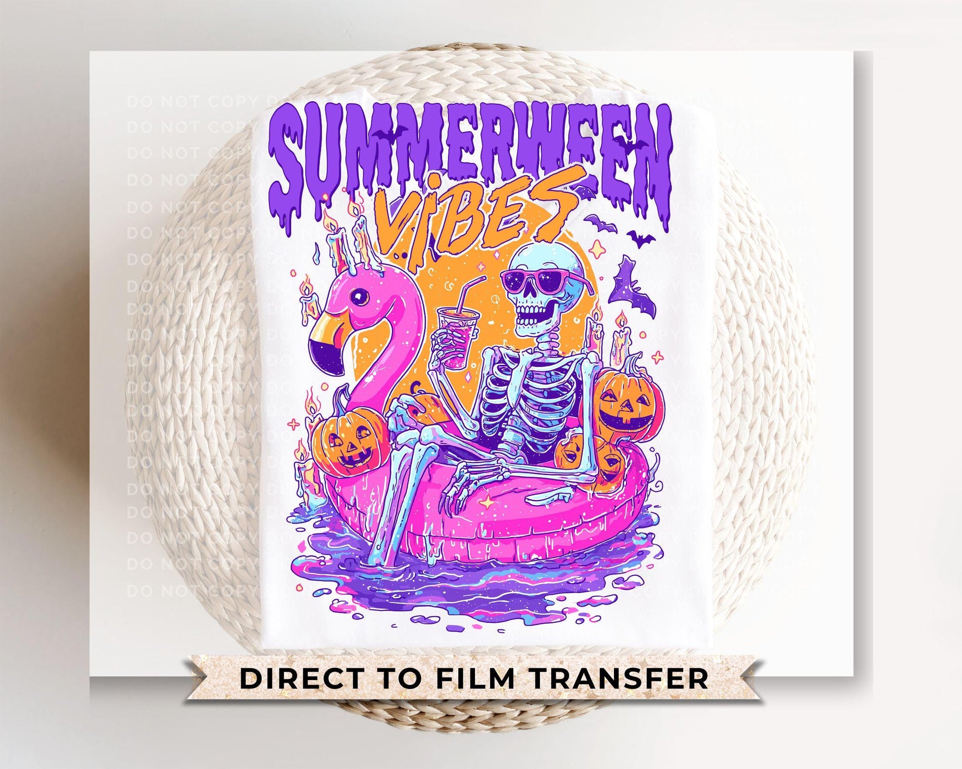 Summerween Vibes DTF Transfers, Ready to Press, T-shirt Transfers, Heat Transfer, Direct to Film, Summer Halloween, Flamingo Pool Pumpkins