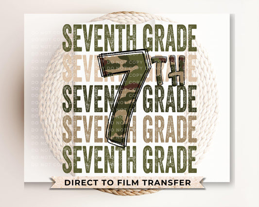 Seventh Grade DTF Transfer, First Day of School, Heat Transfer, Ready to Press, Direct to Film, Camo, Camouflage, 7th, First Day of School