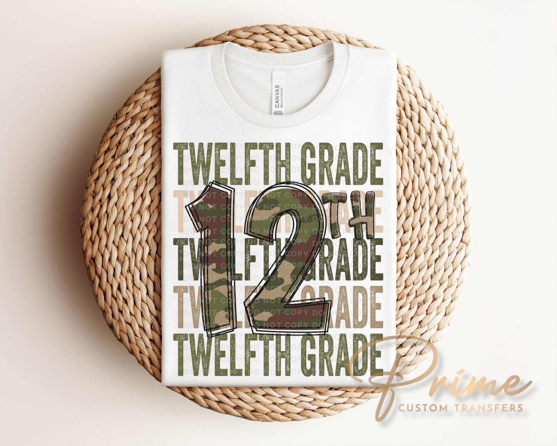 Twelfth Grade DTF Transfer, First Day of School, Heat Transfer, Ready to Press, Direct to Film, Camo, Camouflage, 12th, First Day of School
