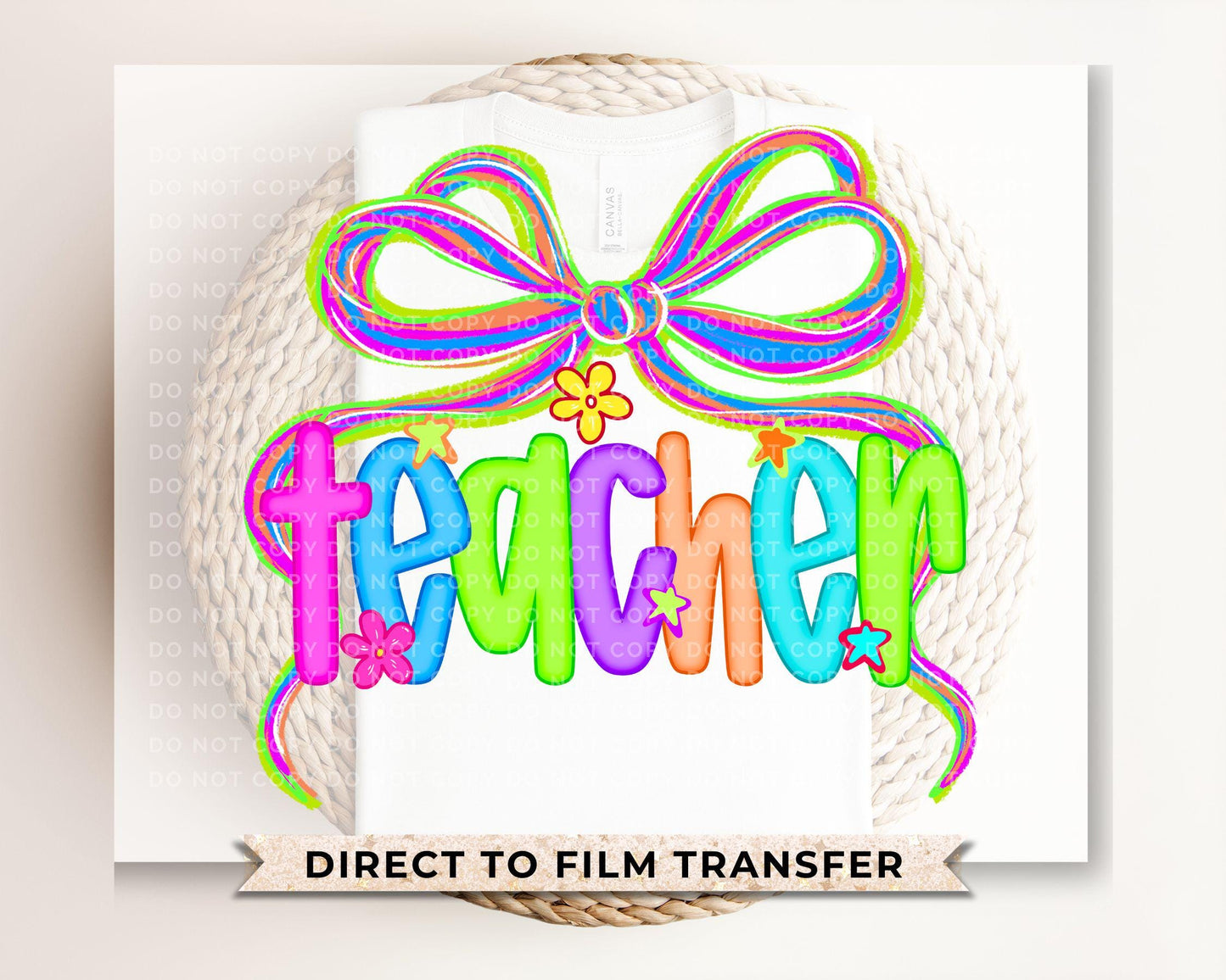 Teacher Coquette DTF Transfer, Ready to Press, T-shirt Transfer, Heat Transfer, Direct to Film, First Day, Back to School, Neon, Preppy