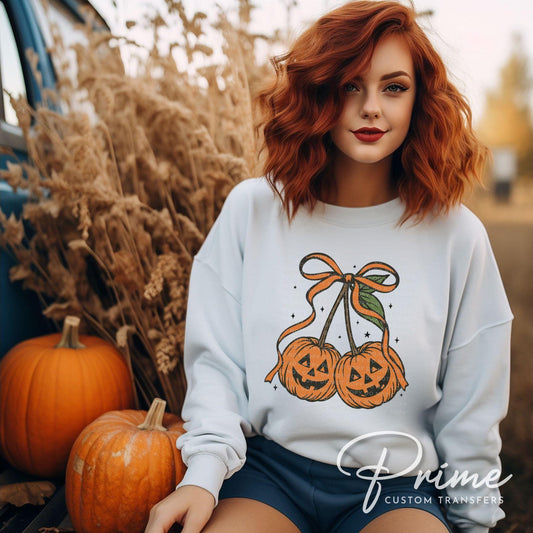Halloween DTF Transfer, Ready to Press, T-shirt Transfers, Heat Transfer, Direct to Film, Trendy, Fall, Bow, Coquette Pumpkin Cherries