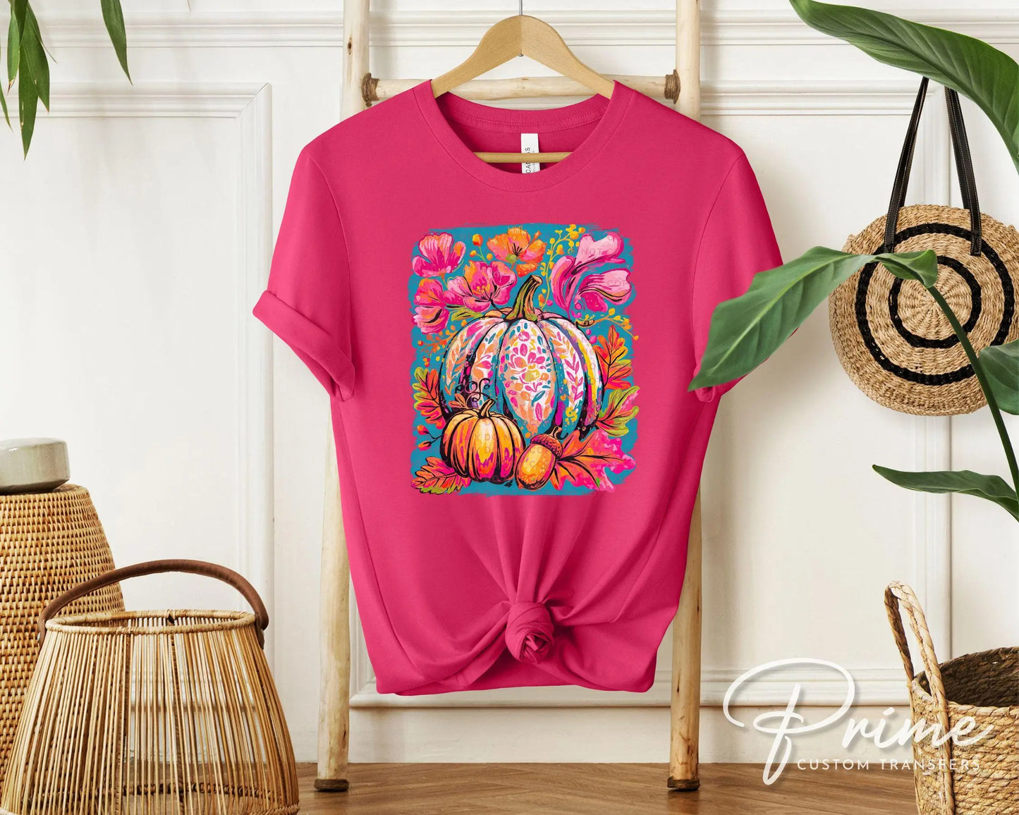 Fall DTF Transfer, Ready to Press, T-shirt Transfers, Heat Transfer, Direct to Film, Trendy, Boho, Pink, Autumn Coquette Neon Floral Pumpkin