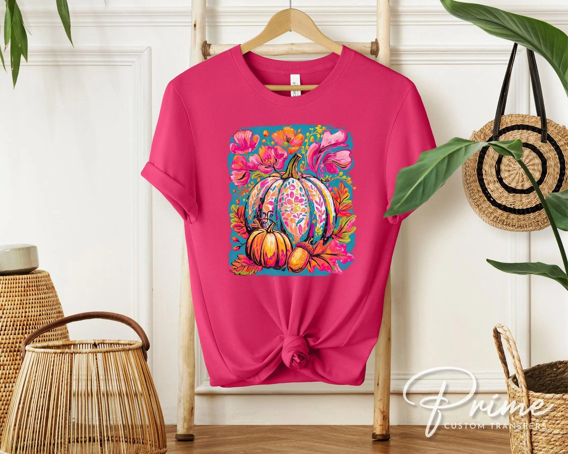 Fall DTF Transfer, Ready to Press, T-shirt Transfers, Heat Transfer, Direct to Film, Trendy, Boho, Pink, Autumn Coquette Neon Floral Pumpkin