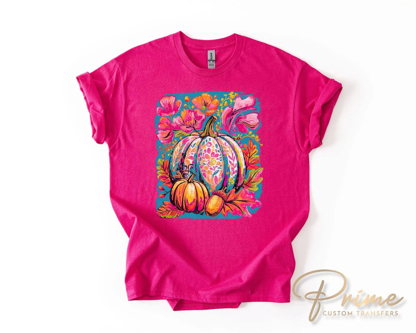 Fall DTF Transfer, Ready to Press, T-shirt Transfers, Heat Transfer, Direct to Film, Trendy, Boho, Pink, Autumn Coquette Neon Floral Pumpkin