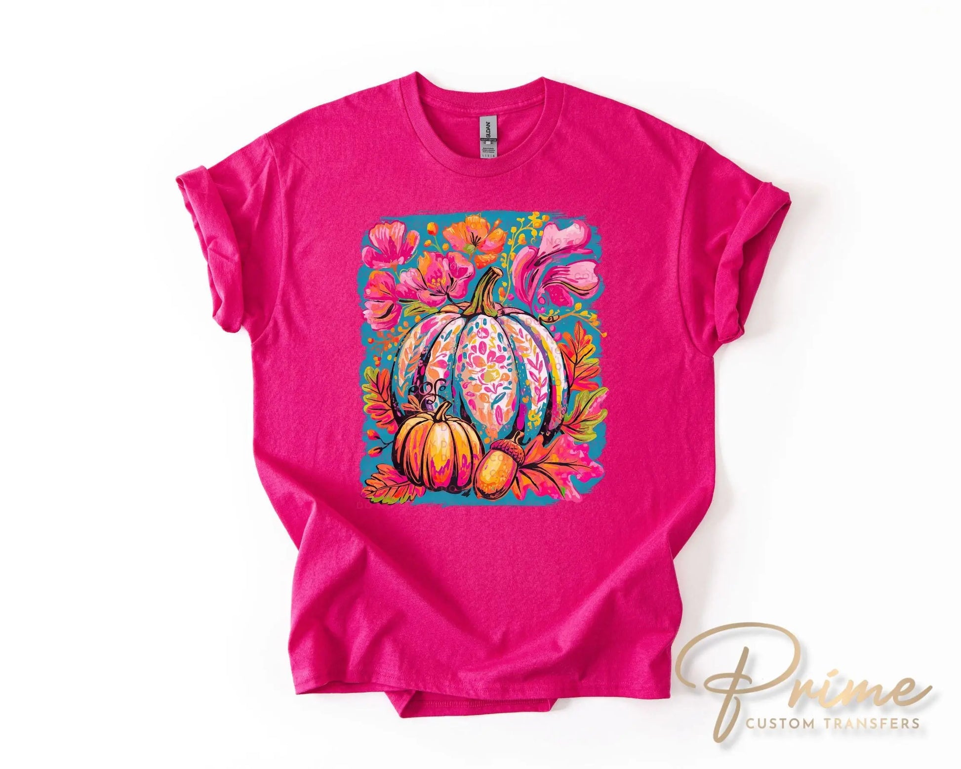 Fall DTF Transfer, Ready to Press, T-shirt Transfers, Heat Transfer, Direct to Film, Trendy, Boho, Pink, Autumn Coquette Neon Floral Pumpkin