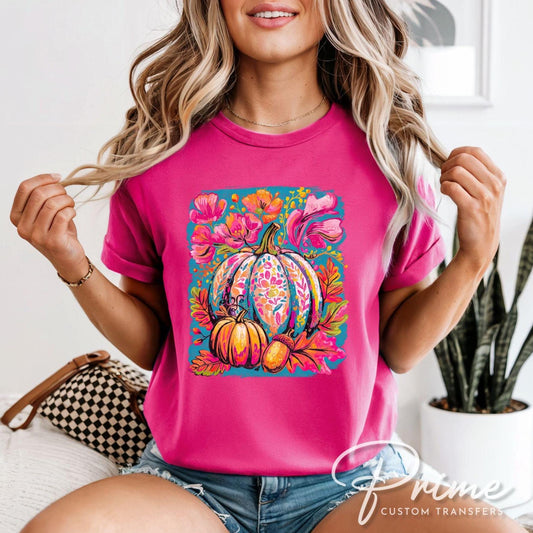 Fall DTF Transfer, Ready to Press, T-shirt Transfers, Heat Transfer, Direct to Film, Trendy, Boho, Pink, Autumn Coquette Neon Floral Pumpkin