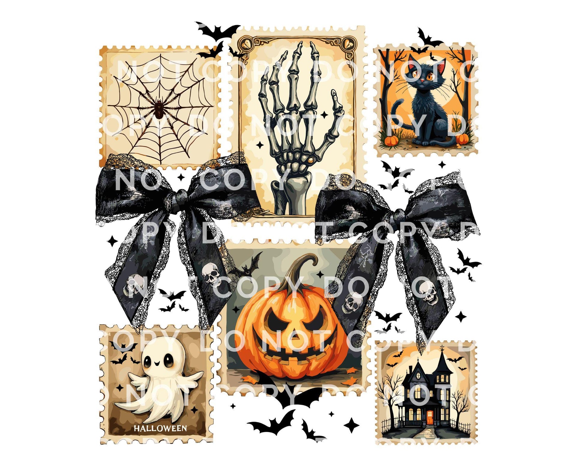 Halloween DTF Transfer, Ready to Press, T-shirt Transfer, Heat Transfer, Direct to Film, Trendy, Bow, Pumpkin, Spooky, Ghosts, Cat, Skeleton