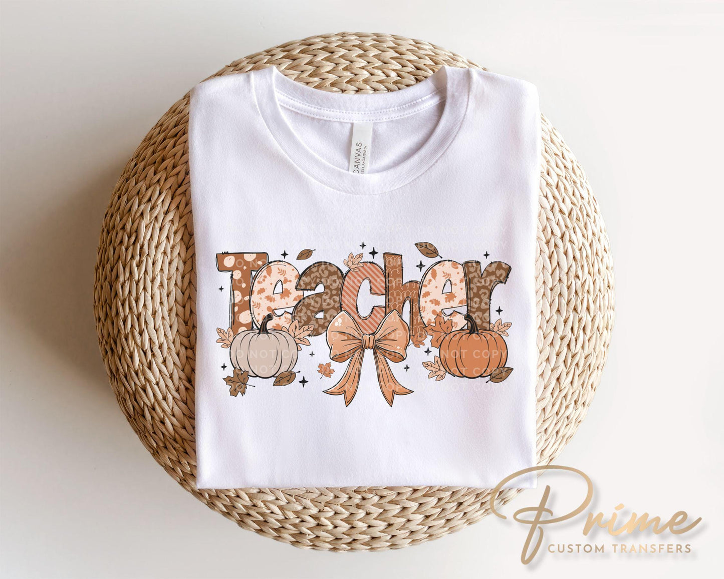 Coquette Fall Teacher DTF transfer, Back to School, Heat Transfer, Ready to Press, Direct to Film, Autumn, Bow, Doodle, Pumpkins, Gift