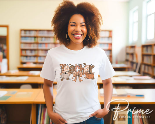 Coquette Fall Teacher DTF transfer, Back to School, Heat Transfer, Ready to Press, Direct to Film, Autumn, Bow, Doodle, Pumpkins, Gift