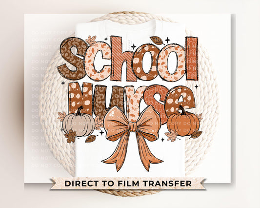 Coquette Fall School Nurse DTF transfer, Back to School, Heat Transfer, Ready to Press, Direct to Film, Autumn, Bow, Doodle, Pumpkins, Gift