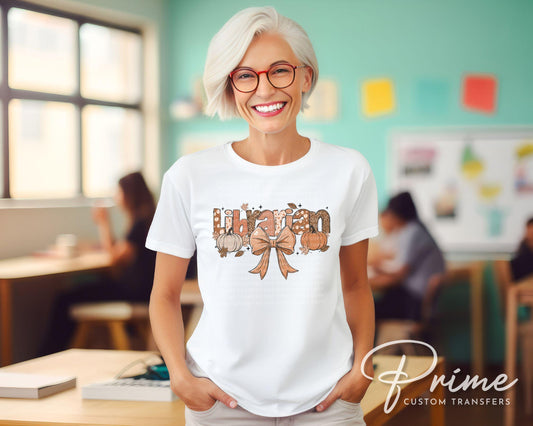 Coquette Fall Librarian DTF transfer, Back to School, Heat Transfer, Ready to Press, Direct to Film, Autumn, Bow, Doodle, Pumpkins, Gift