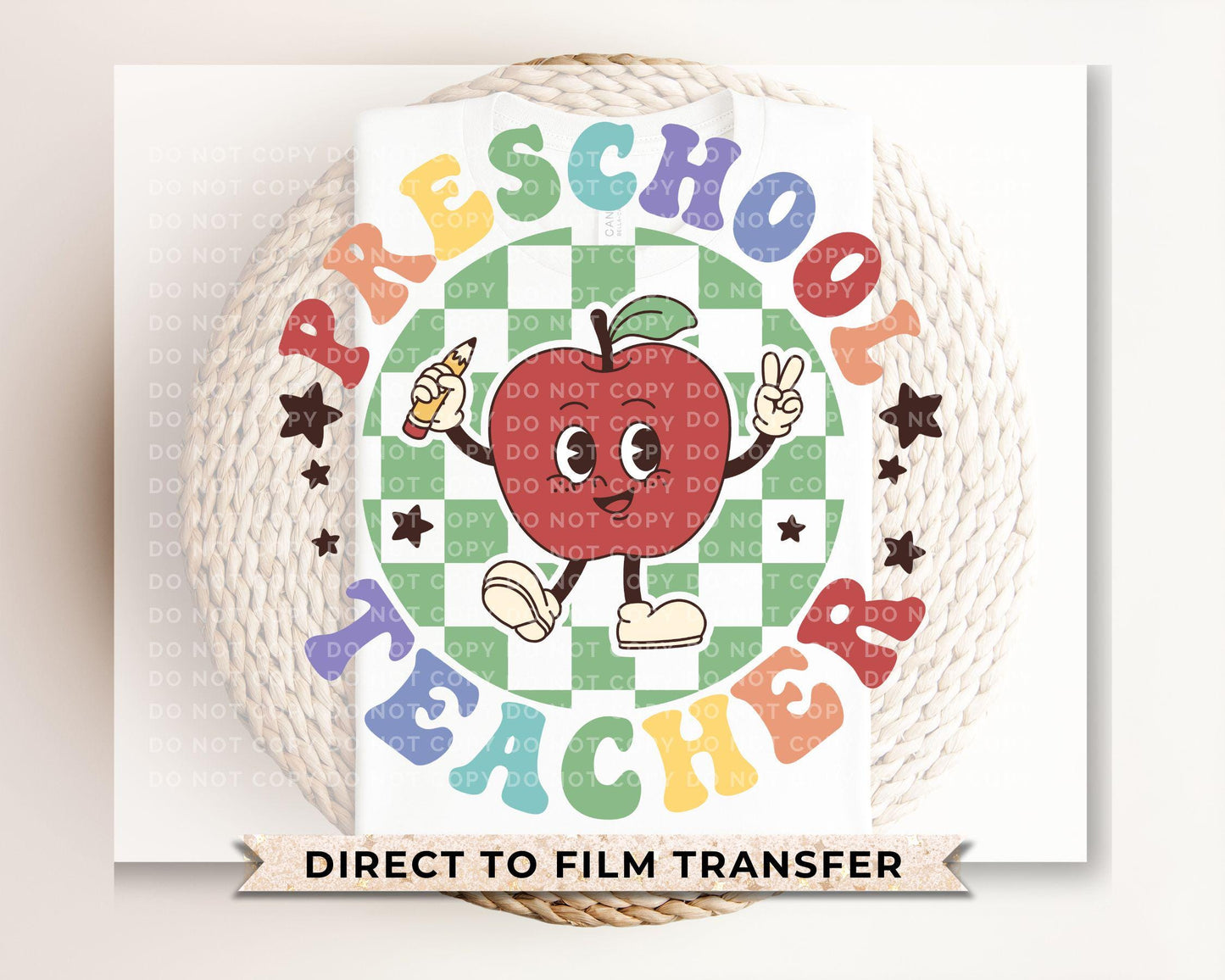 Preschool Teacher DTF transfer, First Day of School, Heat Transfer, Ready to Press, Direct to Film, Back to School, Retro, Apple, Pre-k