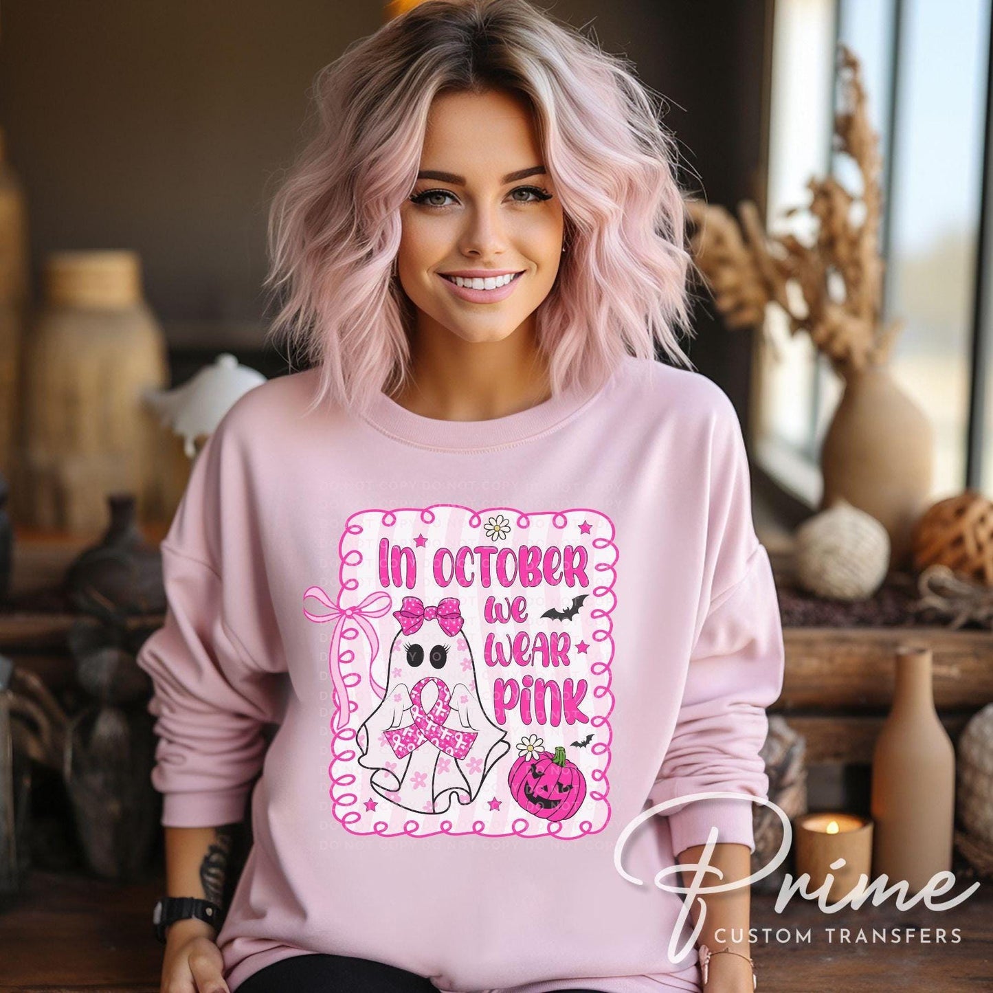 In October We Wear Pink DTF Transfer, Ready to Press, T-shirt Transfer, Heat Transfer, Direct to Film, Breast Cancer, Preppy Pink Ribbon