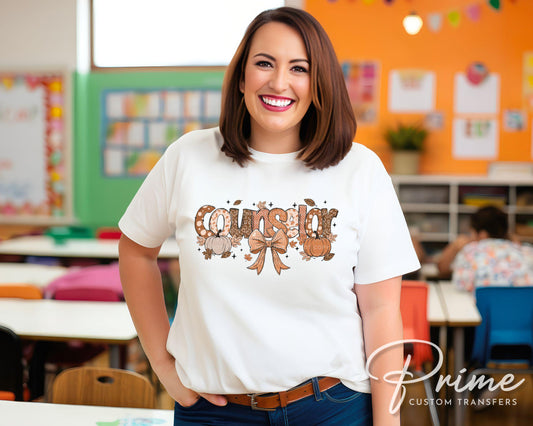 Coquette Fall School Counselor DTF transfer, Back to School, Heat Transfer, Ready to Press, Direct to Film, Autumn, Bow, Doodle, Teacher