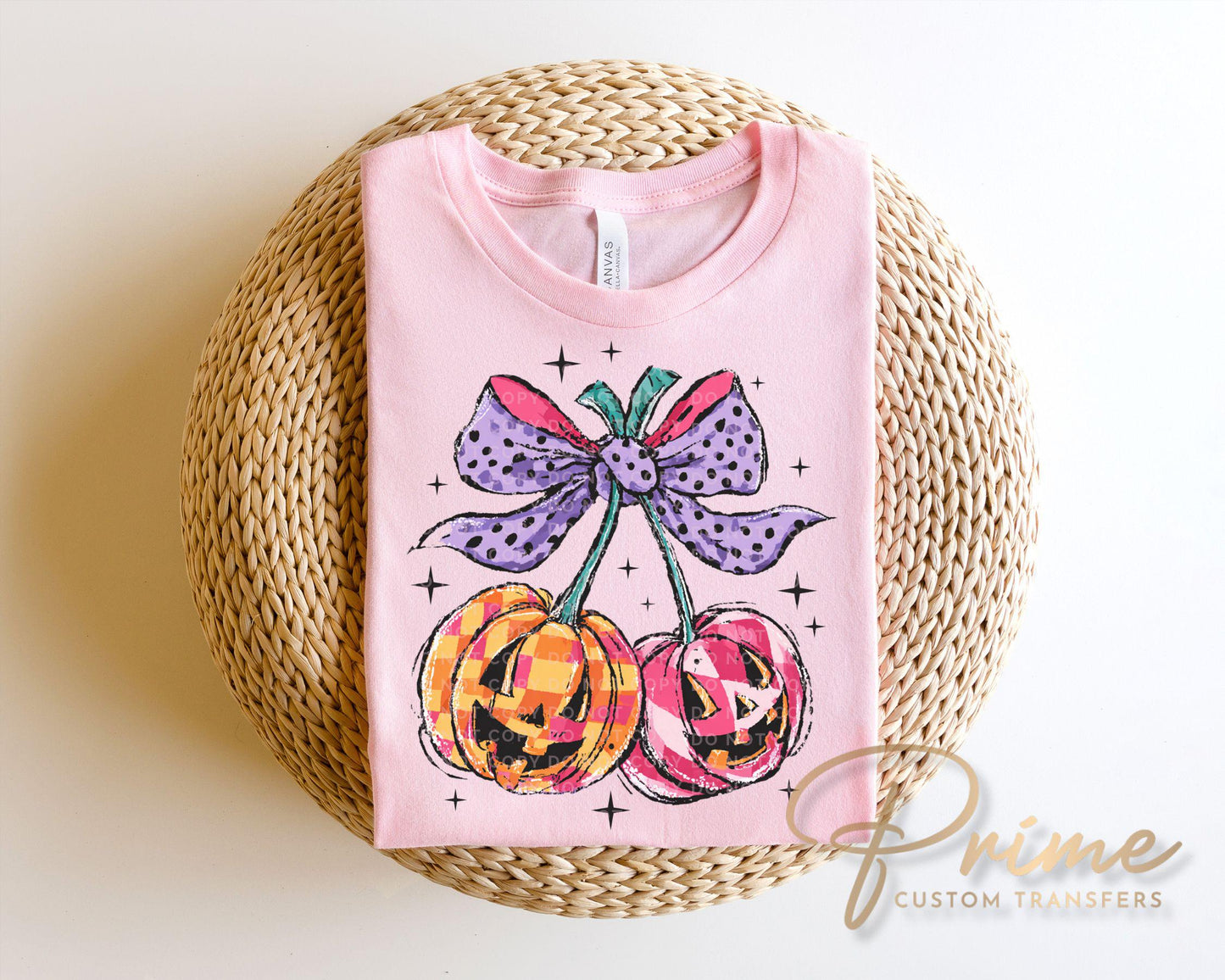 Coquette Pumpkin Cherries DTF Transfer, Ready to Press, T-shirt Transfer, Heat Transfer, Direct to Film, Fall, Autumn, Bow, Orange, Pink