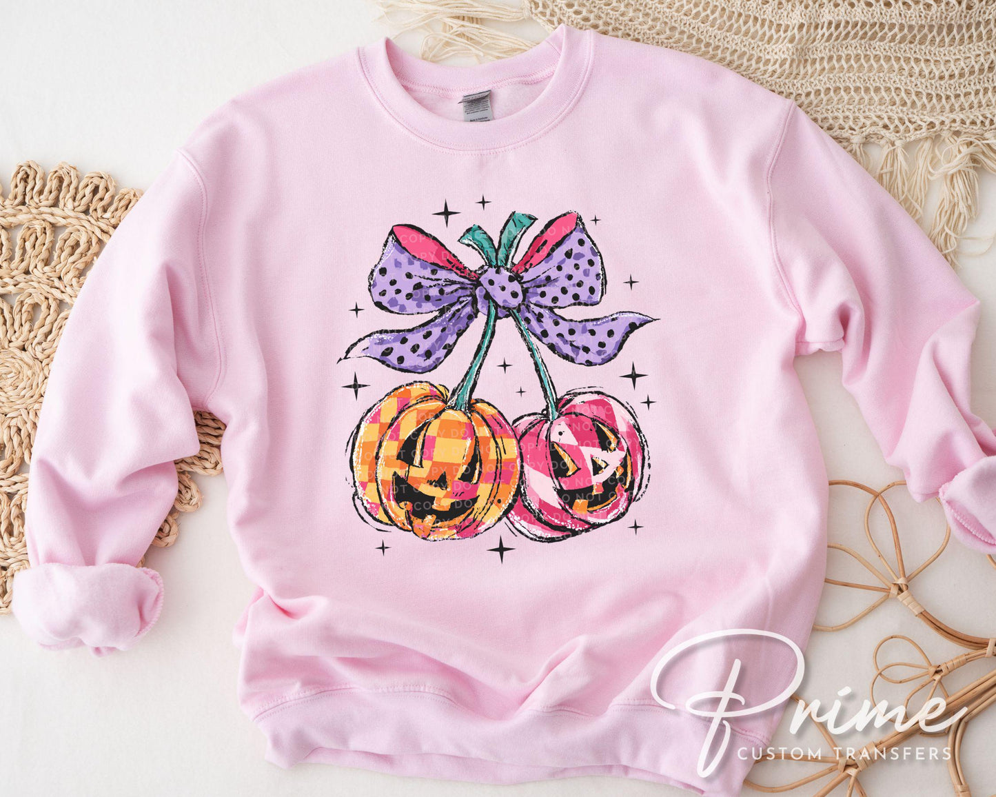 Coquette Pumpkin Cherries DTF Transfer, Ready to Press, T-shirt Transfer, Heat Transfer, Direct to Film, Fall, Autumn, Bow, Orange, Pink