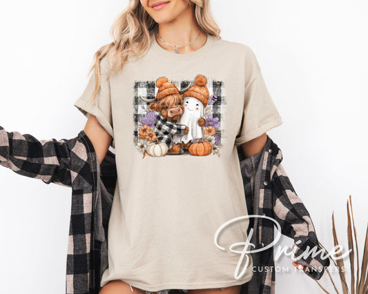 Cute Fall Highland Cow Ghost DTF Transfer, Ready to Press, T-shirt Transfer, Heat Transfer, Direct to Film, Custom Transfer, Halloween, Fall