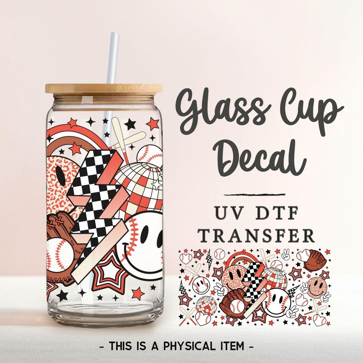 Baseball Collage UV DTF Glass Can Wrap for 16 oz Libbey Beer Can, Sticker, Permanent Adhesive Decal, No Heat, Waterproof, Fall, Sports Mom