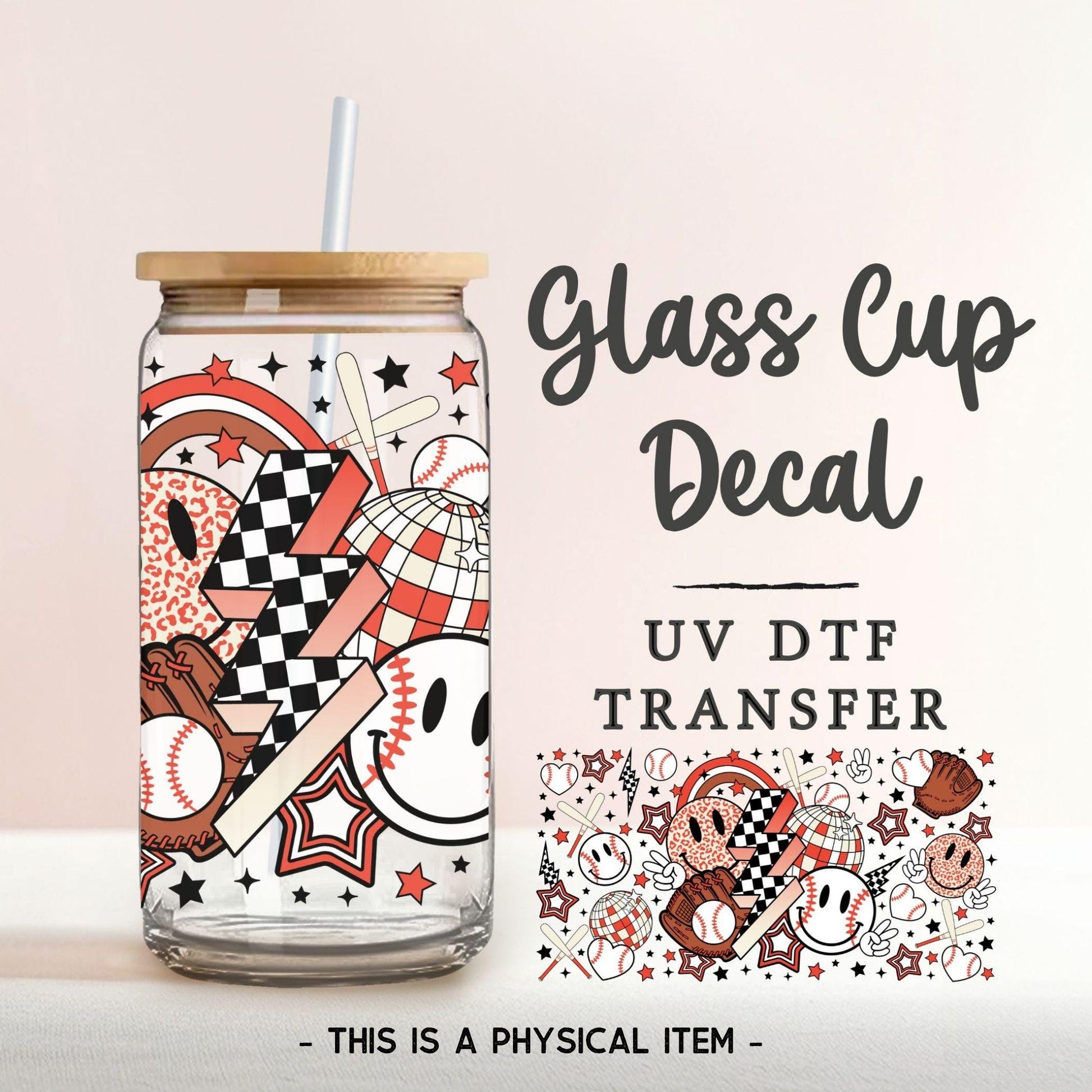 Baseball Collage UV DTF Glass Can Wrap for 16 oz Libbey Beer Can, Sticker, Permanent Adhesive Decal, No Heat, Waterproof, Fall, Sports Mom