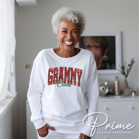 Grammy Claus Christmas DTF Transfer, Ready to Press, T-shirt Transfer, Heat Transfer, Faux Glitter, Matching Family Shirt, Gift for Grandma