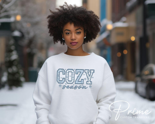 Cozy Season DTF Transfer, Ready to Press, T-shirt Transfer, Heat Transfer, Direct to Film, Cold Peel, Faux Embroidery, Winter, Snowflakes