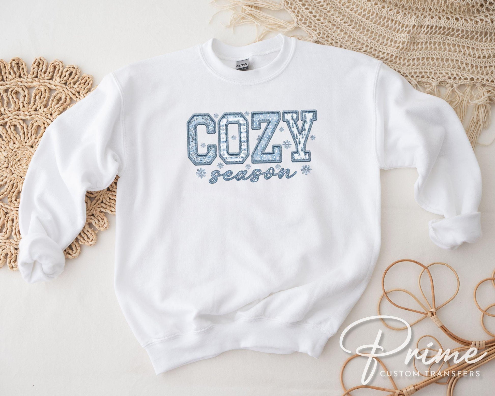 Cozy Season DTF Transfer, Ready to Press, T-shirt Transfer, Heat Transfer, Direct to Film, Cold Peel, Faux Embroidery, Winter, Snowflakes