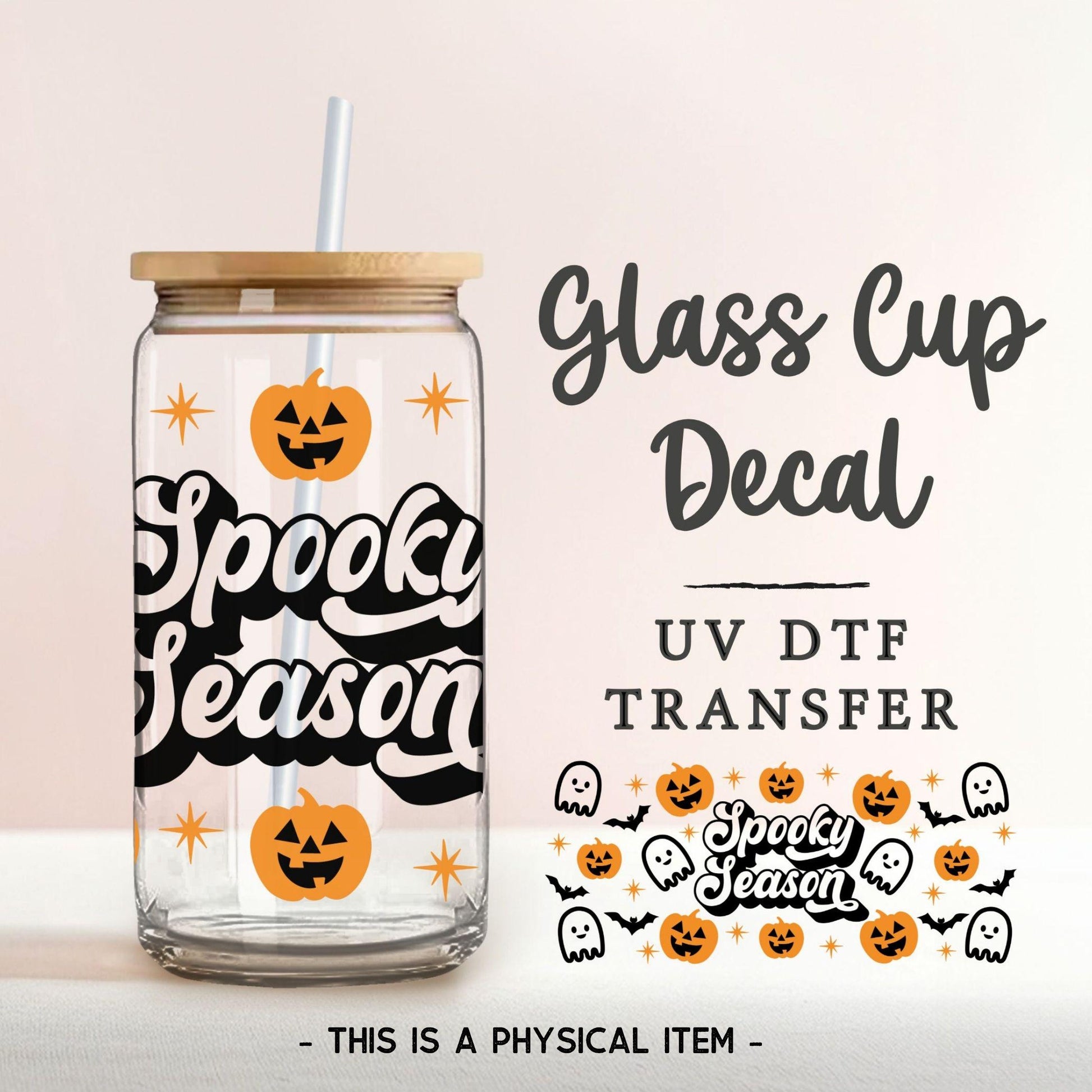 Spooky Season UV DTF Glass Can Wrap for 16 oz Libbey Beer Can, Sticker, Permanent Adhesive Decal, No Heat, Waterproof, Fall, Halloween
