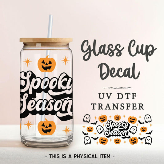 Spooky Season UV DTF Glass Can Wrap for 16 oz Libbey Beer Can, Sticker, Permanent Adhesive Decal, No Heat, Waterproof, Fall, Halloween