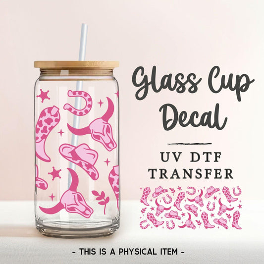 Pink Cowgirl UV DTF Glass Can Wrap for 16 oz Libbey Beer Can, Sticker, Permanent Adhesive Decal, No Heat, Waterproof, Boots, Western, Bach