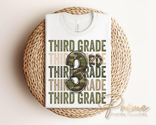 Third Grade DTF Transfer, First Day of School, Heat Transfer, Ready to Press, Direct to Film, Camo, Camouflage, 3rd, First Day of School