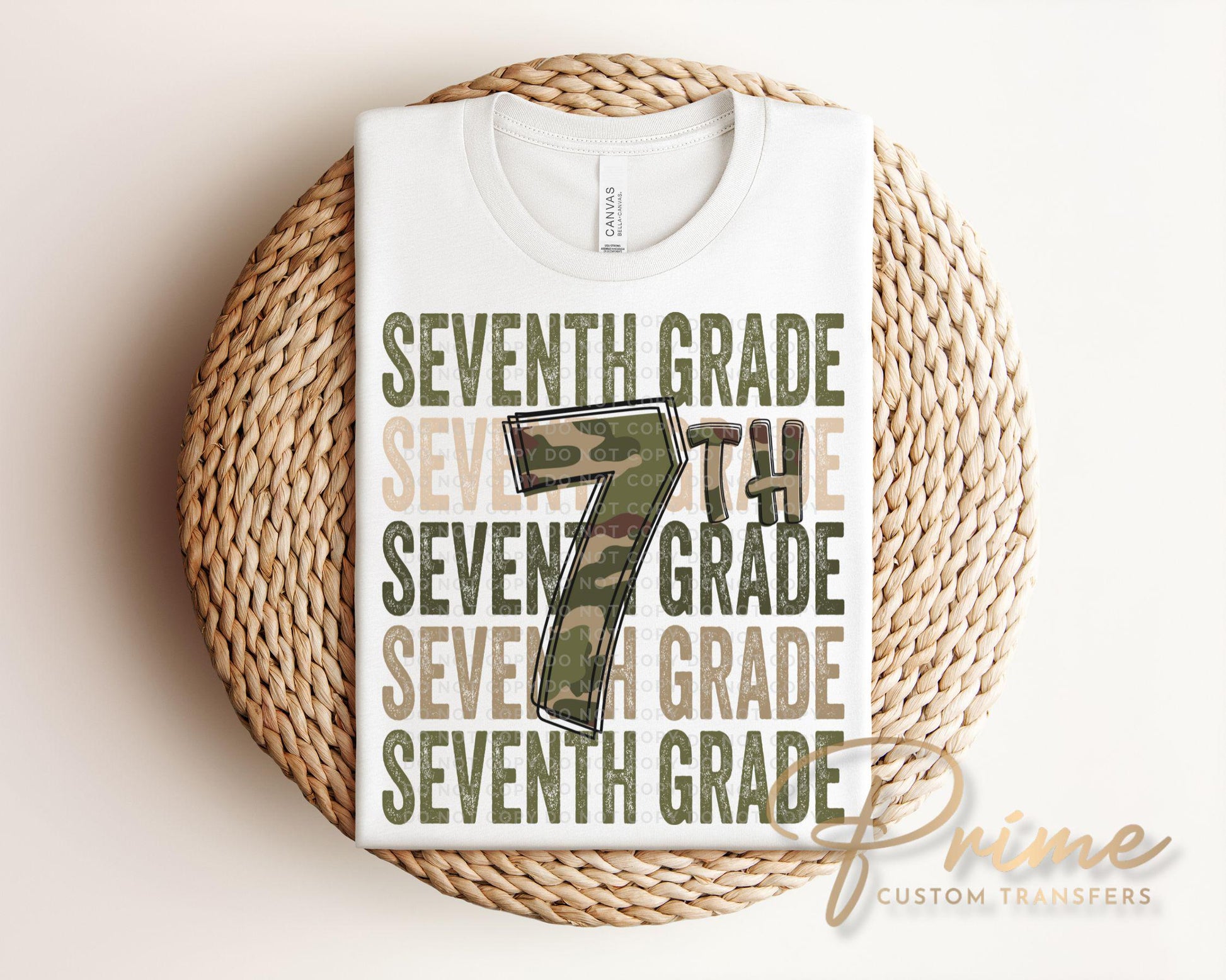 Seventh Grade DTF Transfer, First Day of School, Heat Transfer, Ready to Press, Direct to Film, Camo, Camouflage, 7th, First Day of School