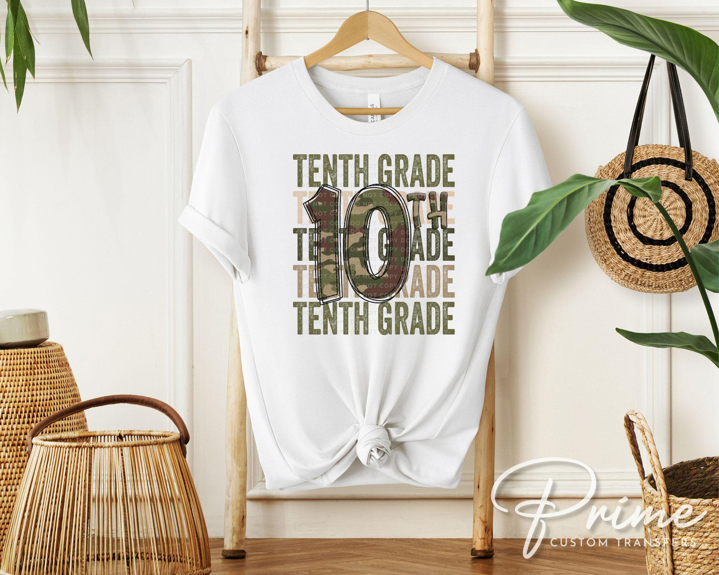 Tenth Grade DTF Transfer, First Day of School, Heat Transfer, Ready to Press, Direct to Film, Camo, Camouflage, 10th, First Day of School