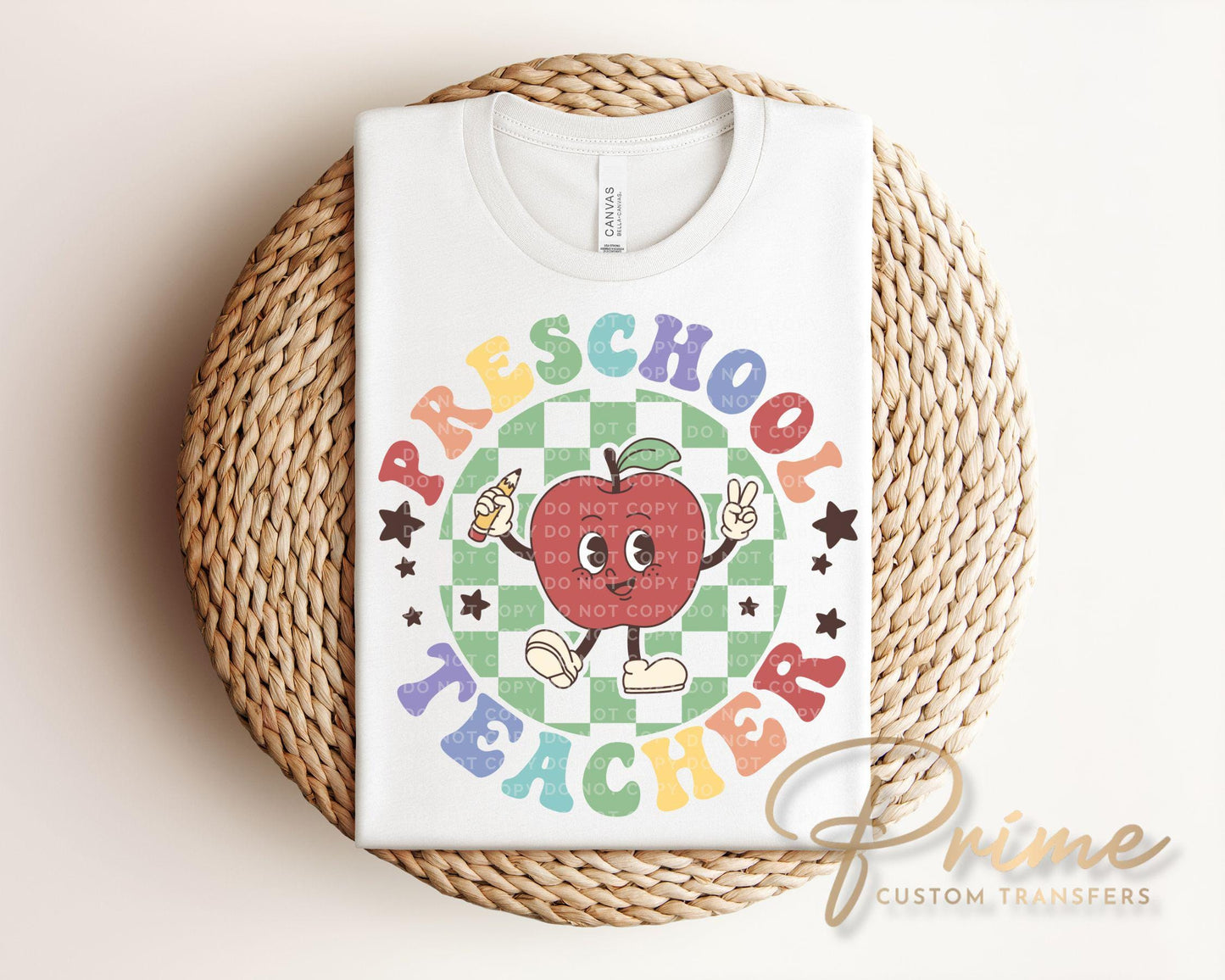 Preschool Teacher DTF transfer, First Day of School, Heat Transfer, Ready to Press, Direct to Film, Back to School, Retro, Apple, Pre-k
