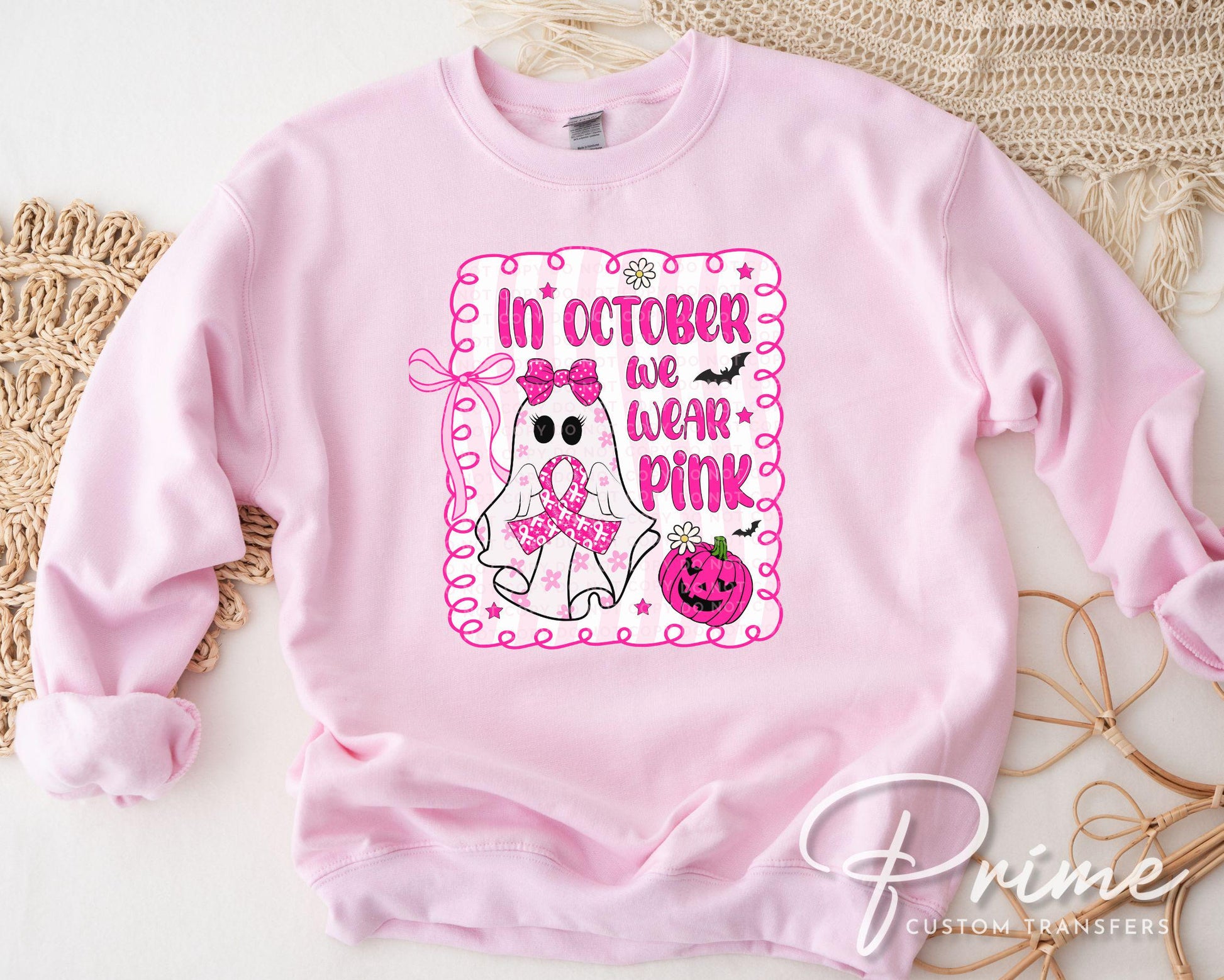 In October We Wear Pink DTF Transfer, Ready to Press, T-shirt Transfer, Heat Transfer, Direct to Film, Breast Cancer, Preppy Pink Ribbon