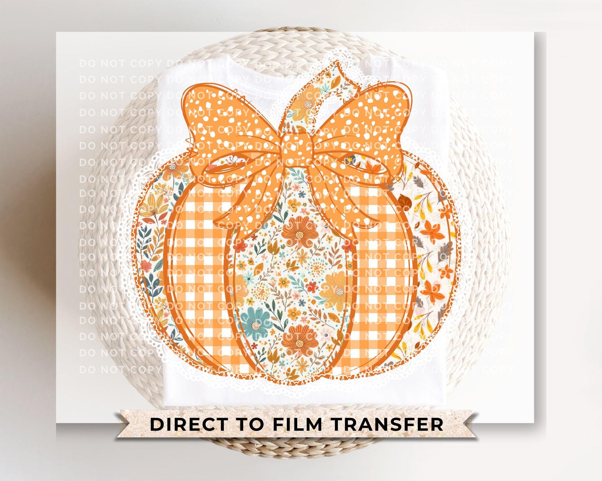 Coquette Preppy Floral Pumpkin DTF Transfers, Ready to Press, T-shirt Transfers, Heat Transfer, Direct to Film, Trendy, Faux Lace, Fall, Bow