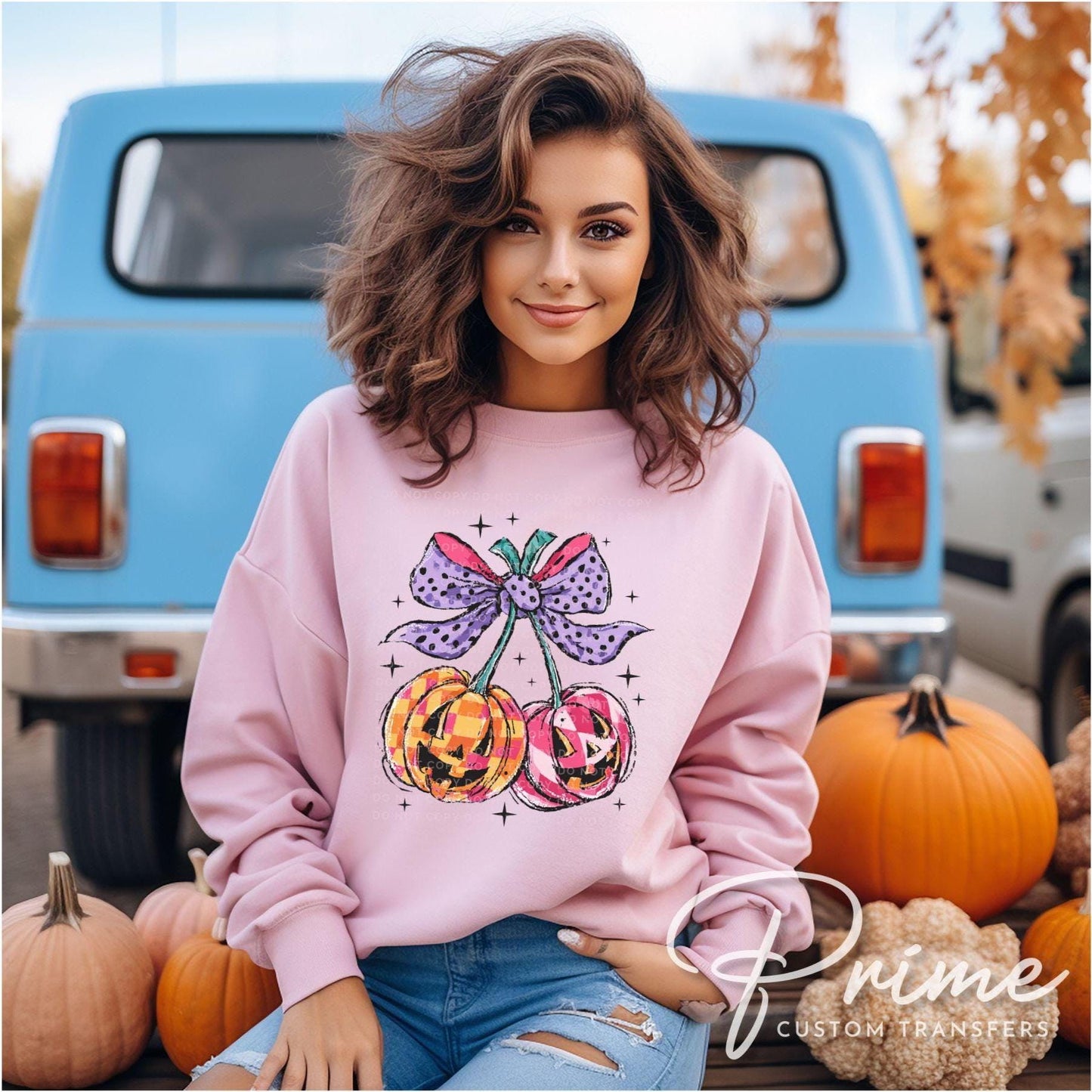 Coquette Pumpkin Cherries DTF Transfer, Ready to Press, T-shirt Transfer, Heat Transfer, Direct to Film, Fall, Autumn, Bow, Orange, Pink